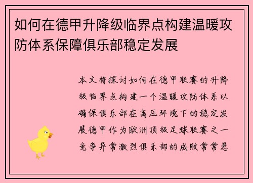 如何在德甲升降级临界点构建温暖攻防体系保障俱乐部稳定发展