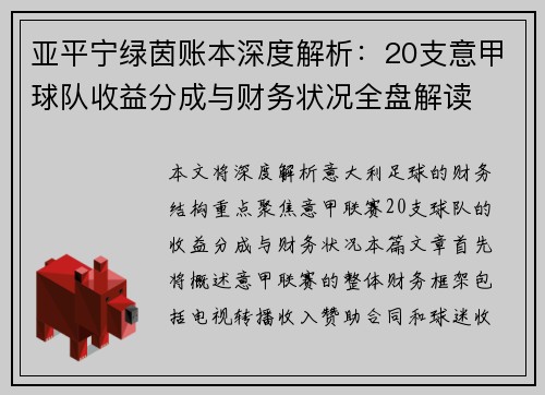 亚平宁绿茵账本深度解析：20支意甲球队收益分成与财务状况全盘解读