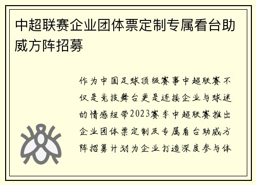 中超联赛企业团体票定制专属看台助威方阵招募